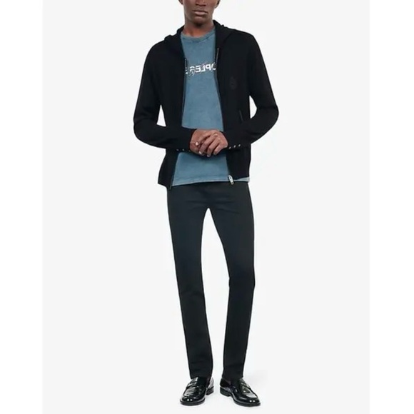 THE KOOPLES French Lux Black Wool Sweater Hoodie with Lambskin Leather Detail